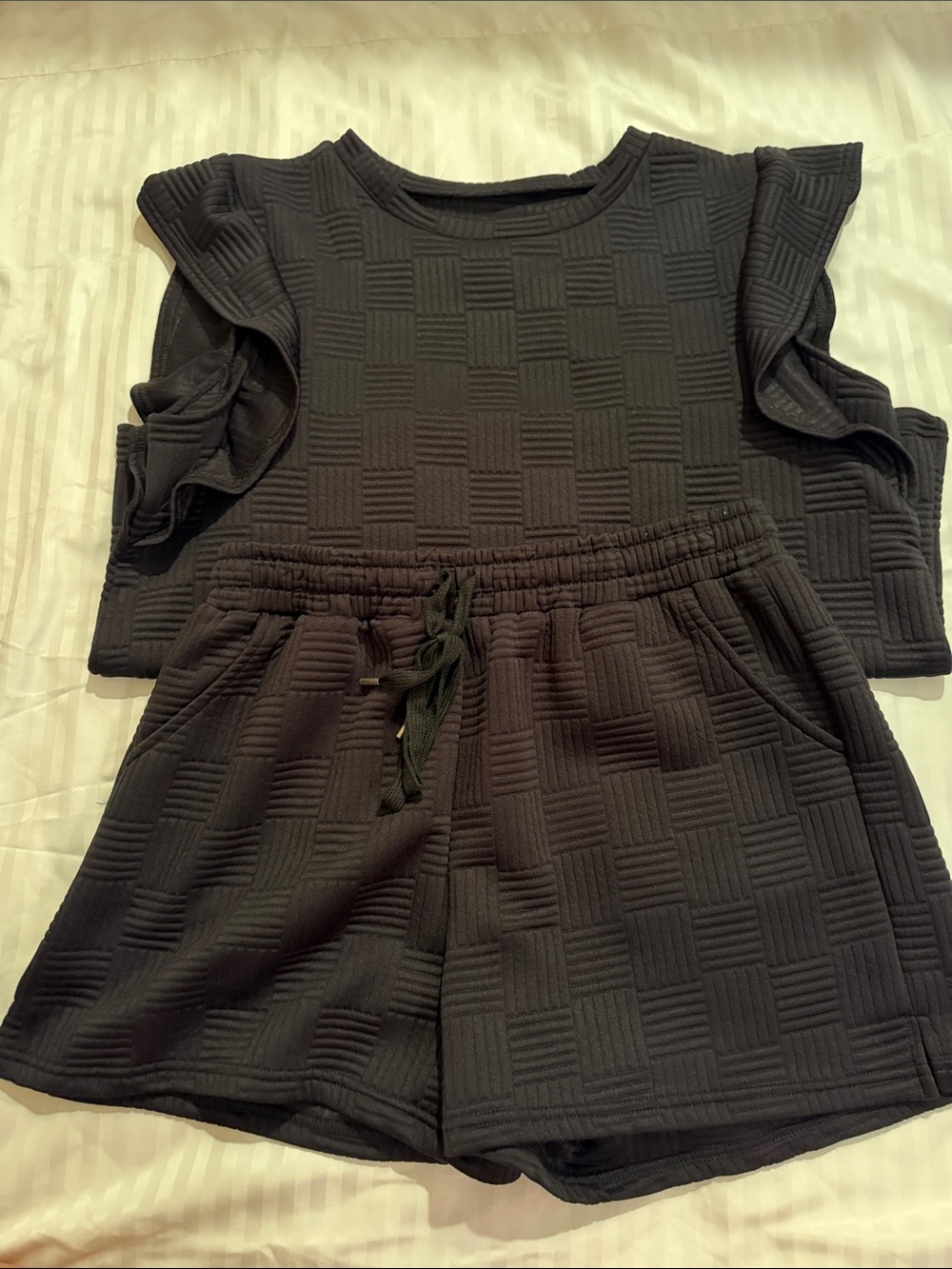 Textured Two-Piece Black Lounge Set - Top & Shorts